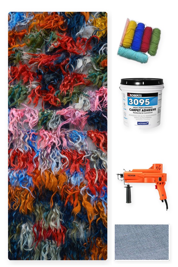 top-10-rug-tufting-hero-kit-flatlay-v2 A finished colorful tufted rug alongside the materials needed to make one: tufting yarn skeins, a Roberts 3095 carpet adhesive bucket, a VEVOR 2-in-1 tufting gun, and a monks cloth backing swatch