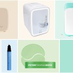 Moodboard mosaic collage of skincare fridge essentials including the Cooluli Beauty 12L, Cooluli Glow 4L, and Cooluli Classic 15L mini fridges, a Charlotte Tilbury eye serum, a belif eye gel, and Peter Thomas Roth cucumber eye patches, in cream, mint, blush, sky blue, and sage green
