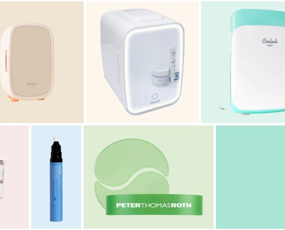 Moodboard mosaic collage of skincare fridge essentials including the Cooluli Beauty 12L, Cooluli Glow 4L, and Cooluli Classic 15L mini fridges, a Charlotte Tilbury eye serum, a belif eye gel, and Peter Thomas Roth cucumber eye patches, in cream, mint, blush, sky blue, and sage green