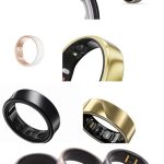 A moodboard-style grid of real smart ring product photos: the Oura Ring 4, Amazfit Helio Ring, femometer Smart Ring Gen2, RingConn Gen 2, Samsung Galaxy Ring, Noise Luna Ring, and the Motiv Ring