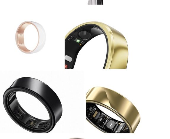 A moodboard-style grid of real smart ring product photos: the Oura Ring 4, Amazfit Helio Ring, femometer Smart Ring Gen2, RingConn Gen 2, Samsung Galaxy Ring, Noise Luna Ring, and the Motiv Ring