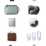 A clean grid of real travel packing essentials on white: Monos carry-on suitcase, Trtl neck pillow, Eagle Creek Pack-It cube, MLVOC neck pillow, BAGAIL compression cube, Apple AirTag, PAVILIA hanging toiletry bag, humangear GoToob+ bottles, Travel Inspira luggage scale, and a Master Lock TSA lock
