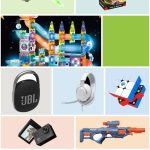 A colorful moodboard-style grid of real tween boy gift ideas: a Loolinn camera drone, Pokemon TCG Mega Evolution booster bundle, a magnetic tiles LED marble run set, a JBL Clip 4 speaker, a JBL Quantum 100 gaming headset, an AKASO 4K action camera, a Nerf Elite 2.0 Eaglepoint blaster, a GAN speed cube, an Ultra PRO Charmander card binder, and a Bedsure glow-in-the-dark blanket hoodie