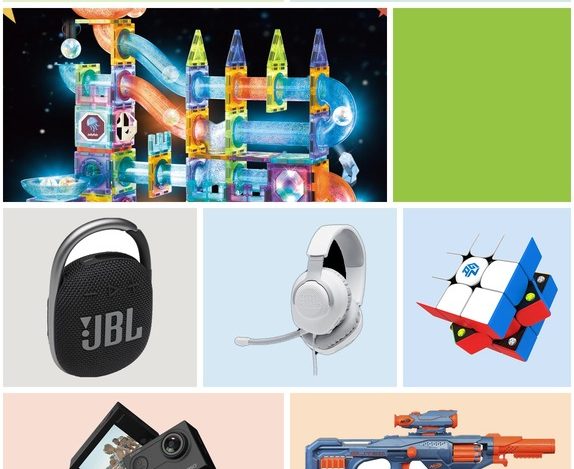 A colorful moodboard-style grid of real tween boy gift ideas: a Loolinn camera drone, Pokemon TCG Mega Evolution booster bundle, a magnetic tiles LED marble run set, a JBL Clip 4 speaker, a JBL Quantum 100 gaming headset, an AKASO 4K action camera, a Nerf Elite 2.0 Eaglepoint blaster, a GAN speed cube, an Ultra PRO Charmander card binder, and a Bedsure glow-in-the-dark blanket hoodie