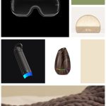 Moodboard of wellness gifts with white grid borders, including RENPHO eye massager, Hatch Restore 2, HidrateSpark bottle, InnoGear diffuser, and Bearaby weighted blanket, with olive and cream color blocks