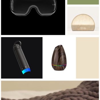 Moodboard of wellness gifts with white grid borders, including RENPHO eye massager, Hatch Restore 2, HidrateSpark bottle, InnoGear diffuser, and Bearaby weighted blanket, with olive and cream color blocks