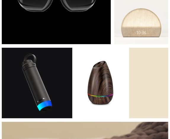 Moodboard of wellness gifts with white grid borders, including RENPHO eye massager, Hatch Restore 2, HidrateSpark bottle, InnoGear diffuser, and Bearaby weighted blanket, with olive and cream color blocks