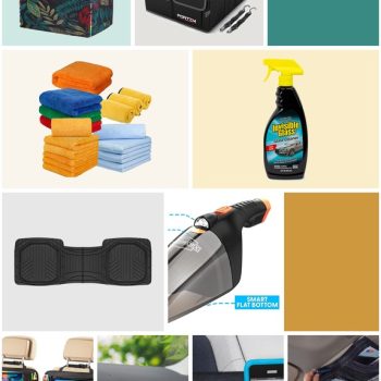 A moodboard-style grid of real car tidy-up products: a HOTOR car trash can, FORTEM SUV trunk organizer, CarCarez microfiber towels, Invisible Glass cleaner, Motor Trend floor mats, ThisWorx car vacuum, Helteko backseat organizer, TICARVE cleaning gel, Drop Stop seat gap filler, and a High Road sun visor organizer