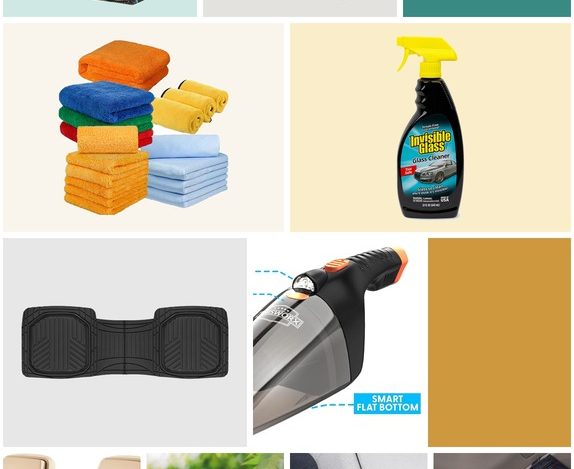 A moodboard-style grid of real car tidy-up products: a HOTOR car trash can, FORTEM SUV trunk organizer, CarCarez microfiber towels, Invisible Glass cleaner, Motor Trend floor mats, ThisWorx car vacuum, Helteko backseat organizer, TICARVE cleaning gel, Drop Stop seat gap filler, and a High Road sun visor organizer