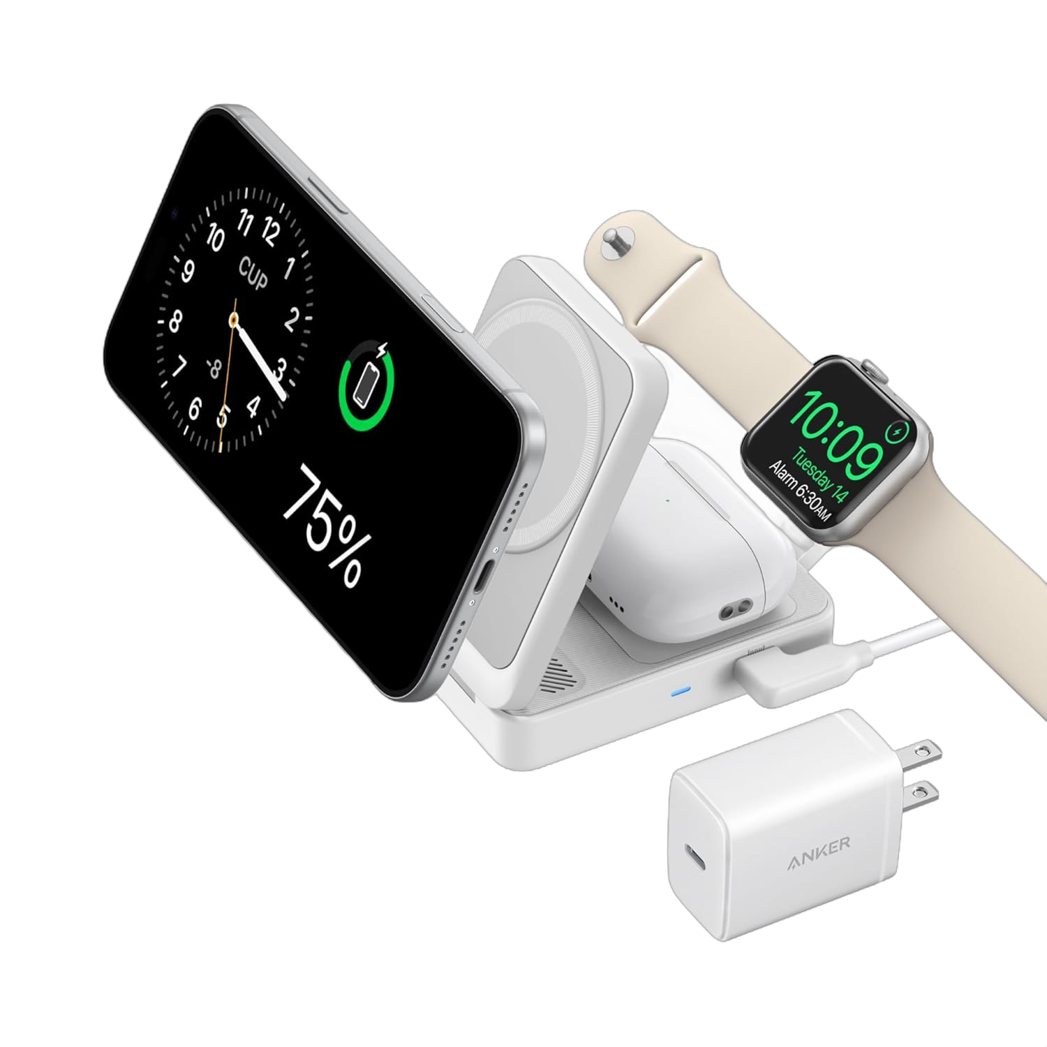 Anker MagGo 3-in-1 foldable wireless charging station with phone, earbuds, and watch