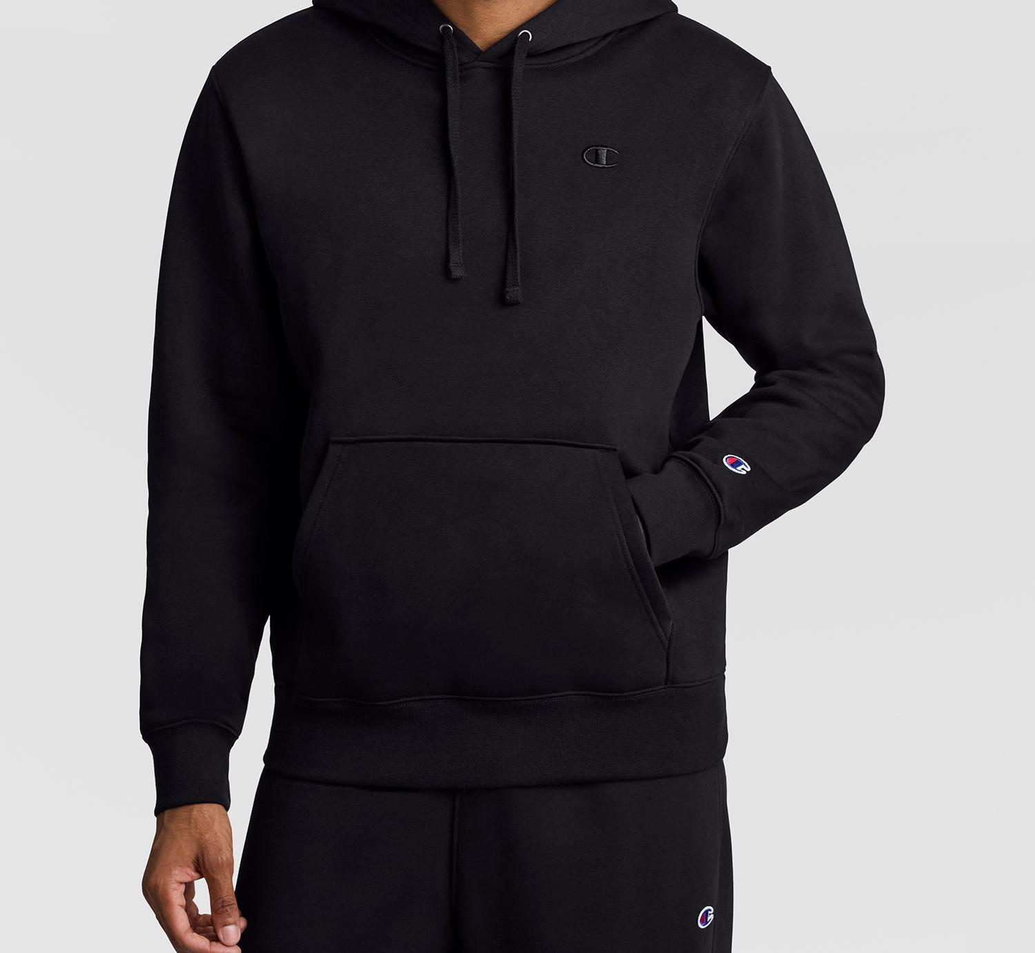 Champion Powerblend fleece pullover hoodie in black with embroidered C logo