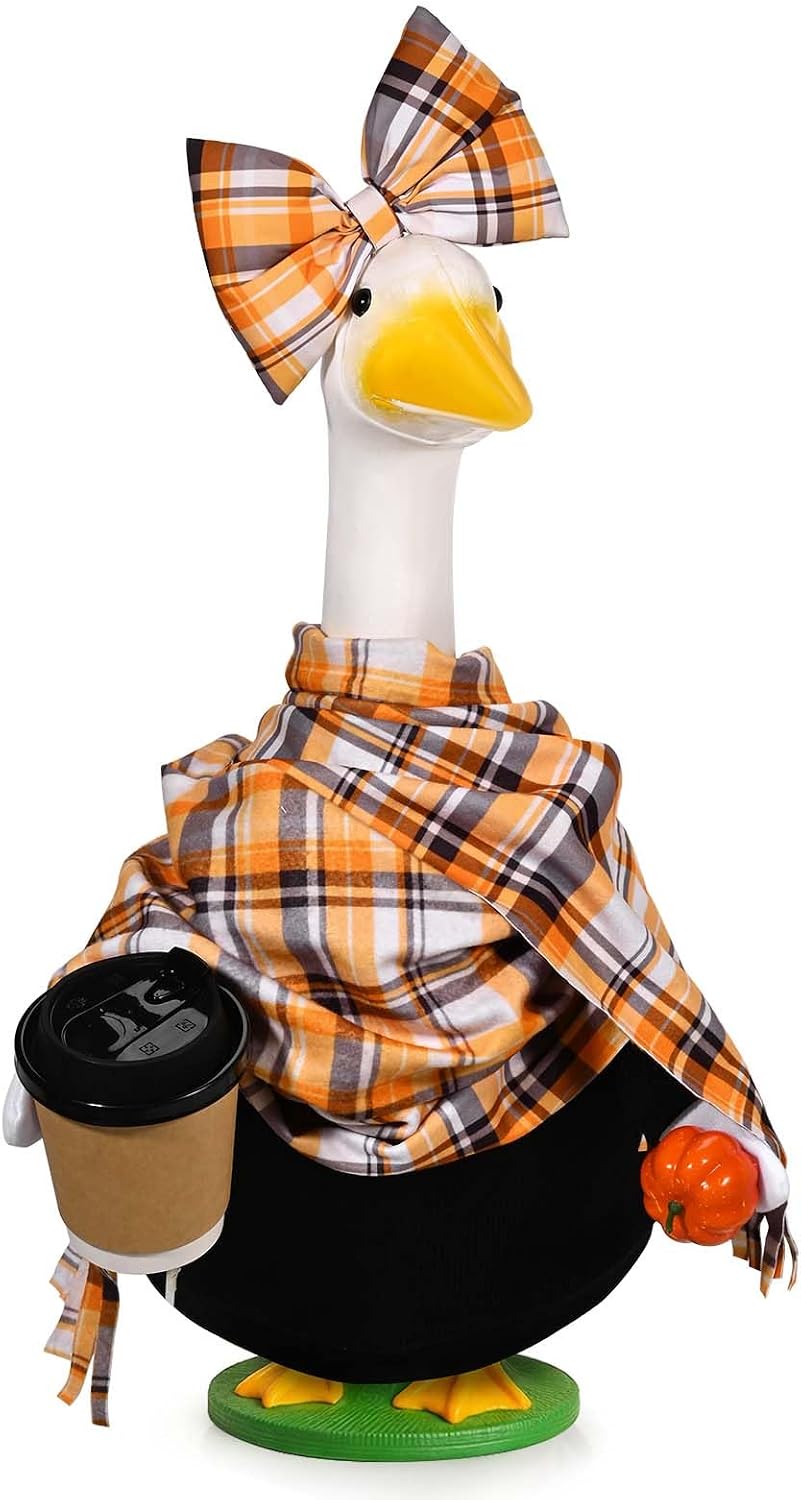 Cozy plaid sweater and coffee cup prop set for a porch goose