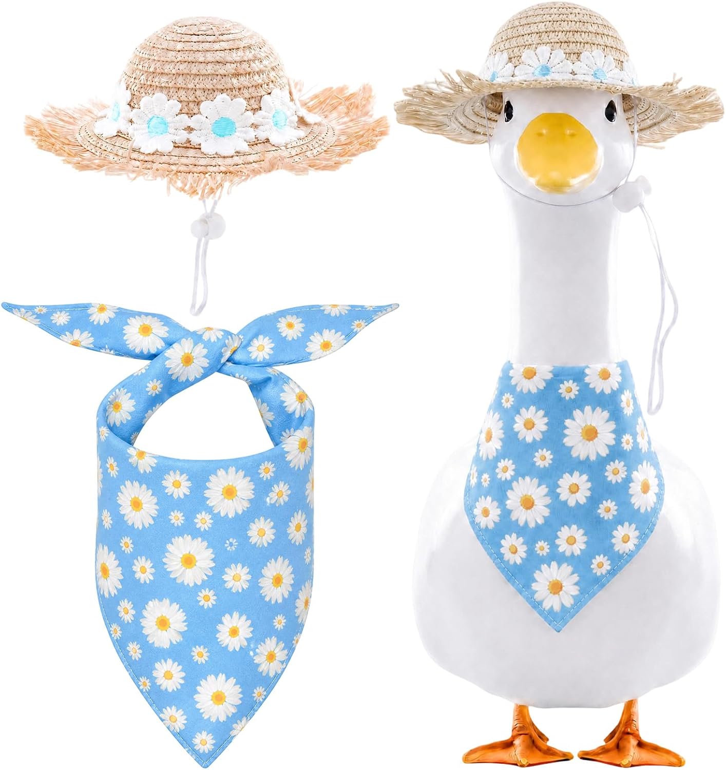 Fall floral cottage-style outfit for a porch goose statue