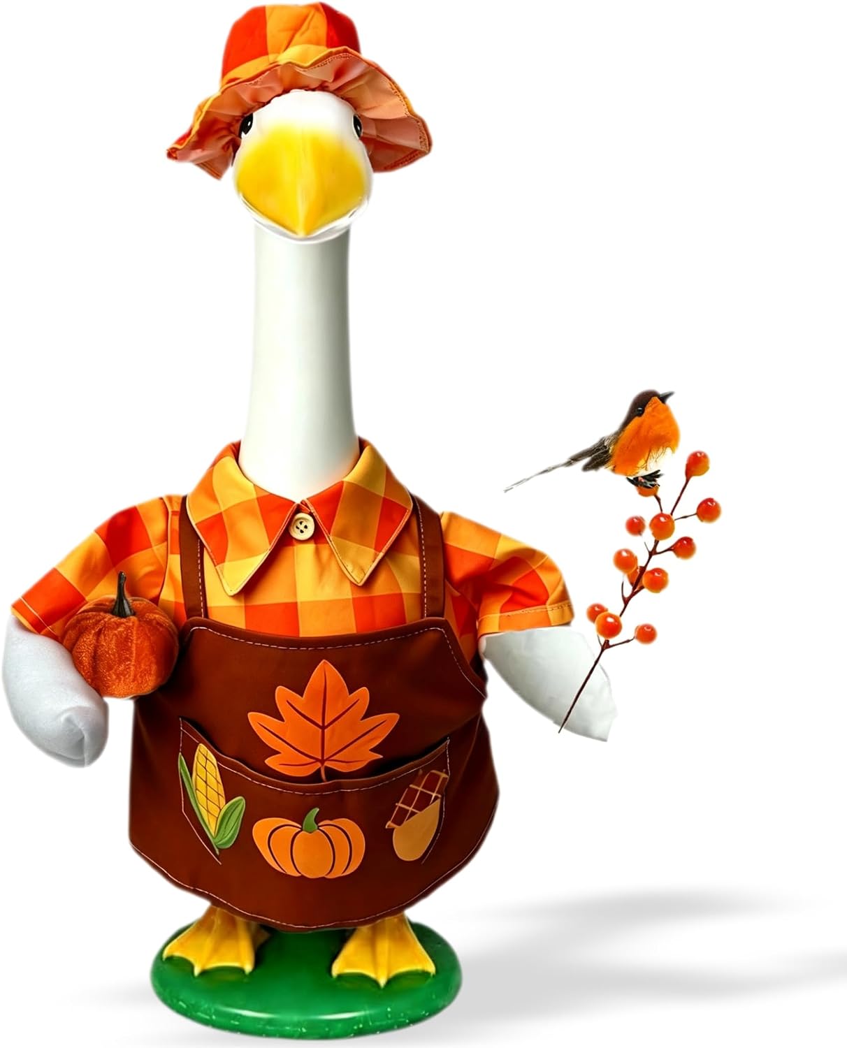Farmwife harvest costume set with pumpkin, berries, and robin for a porch goose