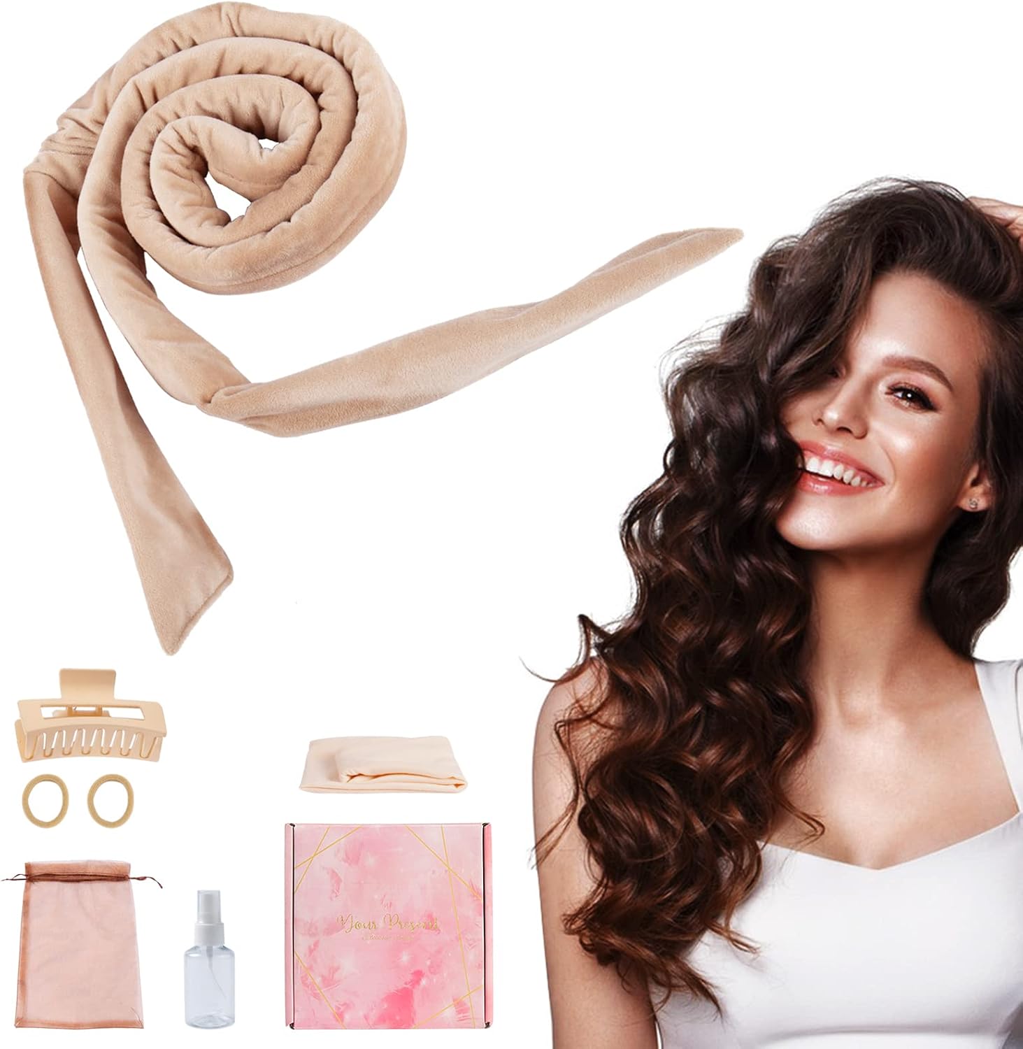 Heatless curling rod headband set with silk ribbon, scrunchies, claw clip, and spray bottle