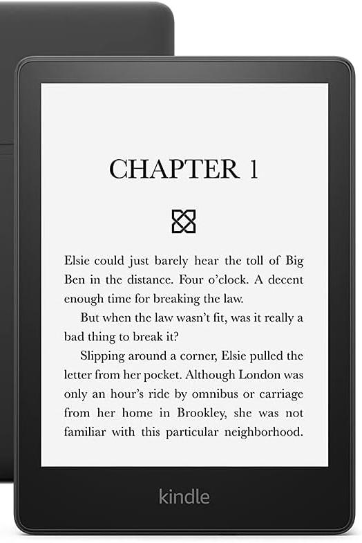 Amazon Kindle Paperwhite e-reader, front and back view product photo