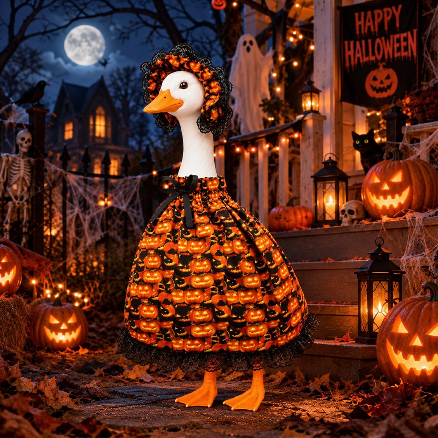 Pumpkin witch Halloween outfit with lace bonnet for a porch goose