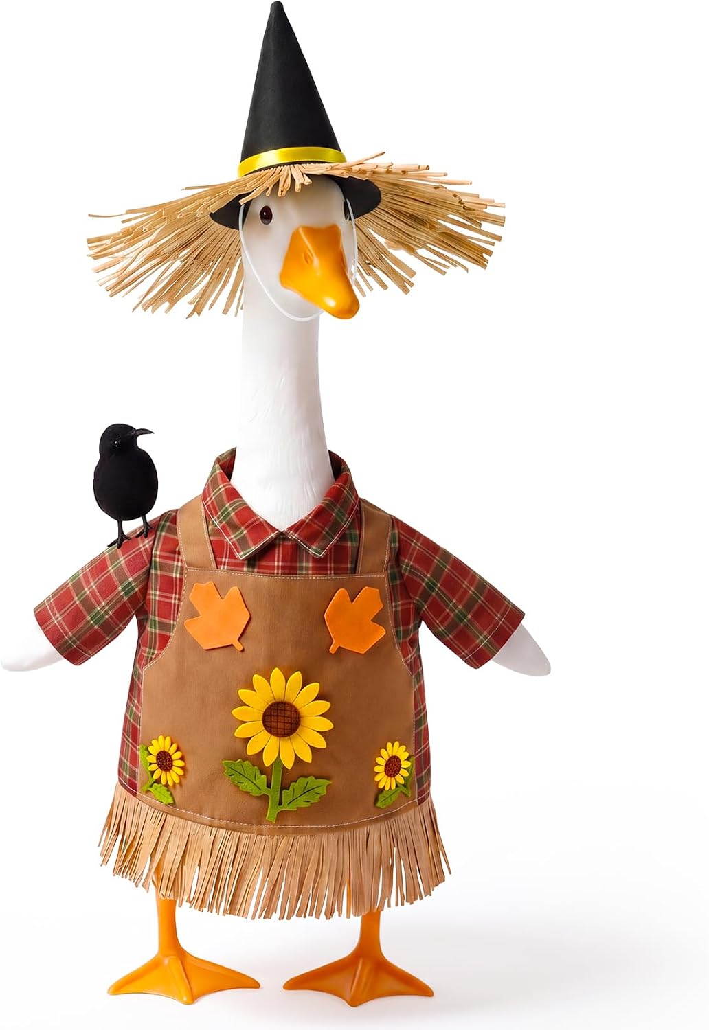 Scarecrow outfit with plaid shirt, sunflower apron, and crow for a porch goose