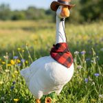 Fall porch goose statue wearing a cowboy hat and buffalo plaid bandana in a wildflower field, with the sky and field extended upward in Photoshop for natural headroom above the head
