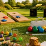 Backyard lawn games scene with cornhole, bocce ball, croquet, Kan Jam, and giant yard dice on a sunny lawn