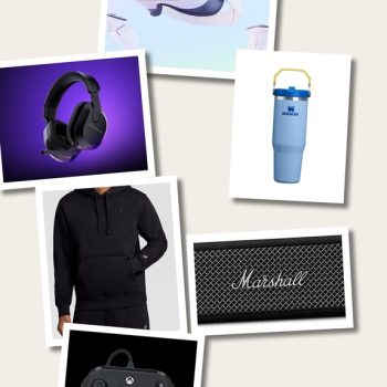 Christmas gift collage of tech, gaming, and lifestyle gifts for teen boys