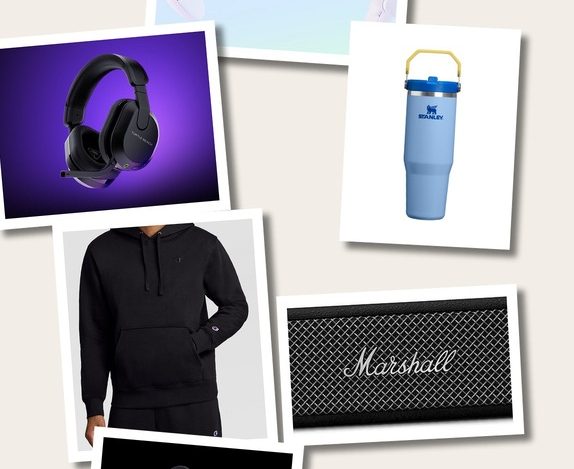 Christmas gift collage of tech, gaming, and lifestyle gifts for teen boys