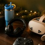 Cozy Christmas gaming desk scene with a Bluetooth speaker, insulated tumbler, wireless gaming headset, controller, and VR headset, framed by string lights and pine branches
