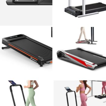 A grid of real under-desk walking pad treadmills: WalkingPad A1 Pro, LifeSpan TR1200B Pro, MERACH NovaWalk W50 TrekPad, Egofit Walker Plus M1T, UREVO Strol 2E, and the FlexiSpot Walking Pad
