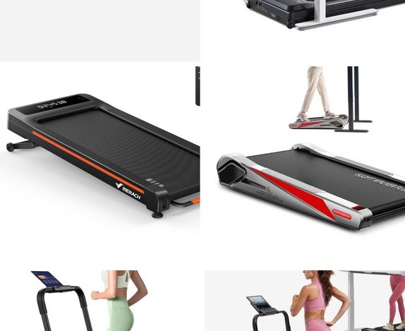A grid of real under-desk walking pad treadmills: WalkingPad A1 Pro, LifeSpan TR1200B Pro, MERACH NovaWalk W50 TrekPad, Egofit Walker Plus M1T, UREVO Strol 2E, and the FlexiSpot Walking Pad