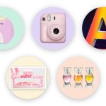 Tween girl gift ideas pastel circle grid: unicorn plush, pink instant camera, Hello Kitty claw clip, glowing marquee letter, and candy perfume trio