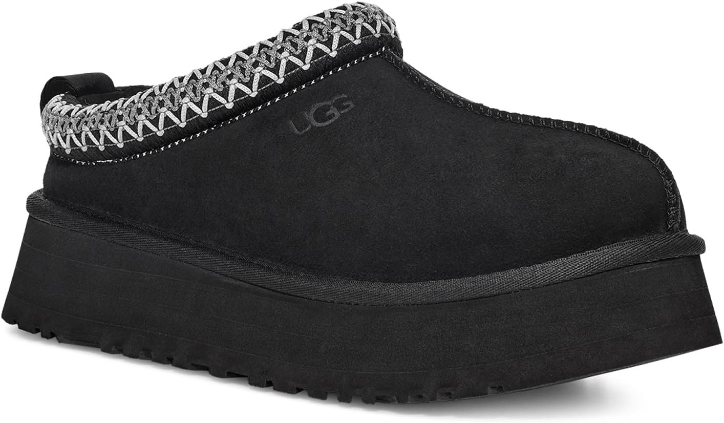 UGG Tazz platform slipper in black suede with braided detail